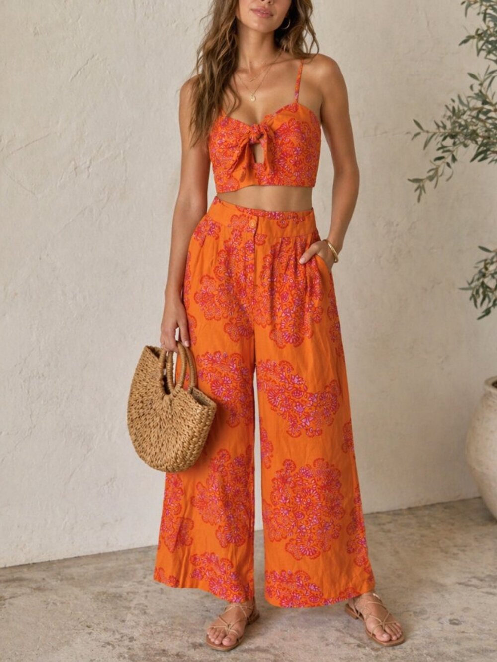 Caroline Constas 2 Piece Set M Orange Floral Crop Top Wide Leg Pants Linen Blend